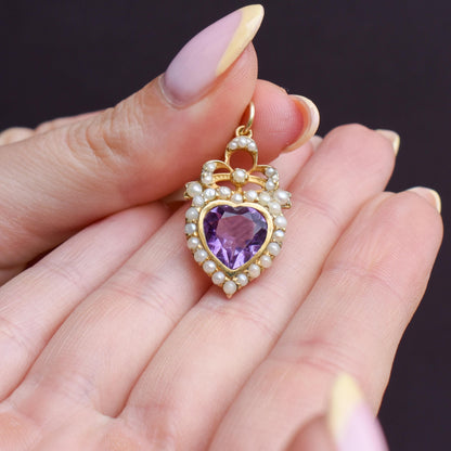 Vintage Amethyst and Pearl Heart Gold on Silver Charm Pendant