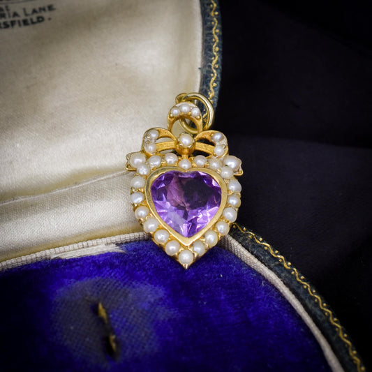 Vintage Amethyst and Pearl Heart Gold on Silver Charm Pendant