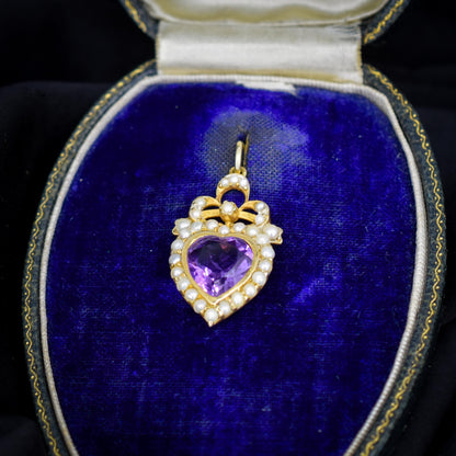 Vintage Amethyst and Pearl Heart Gold on Silver Charm Pendant