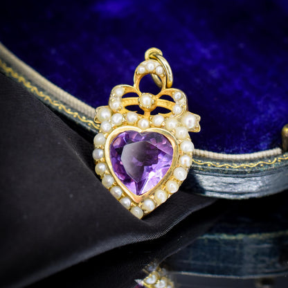 Vintage Amethyst and Pearl Heart Gold on Silver Charm Pendant