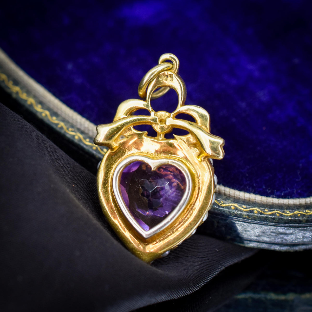 Vintage Amethyst and Pearl Heart Gold on Silver Charm Pendant