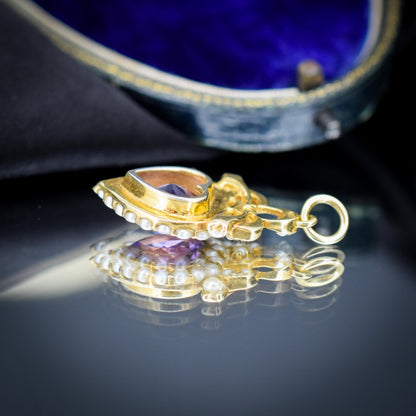 Vintage Amethyst and Pearl Heart Gold on Silver Charm Pendant