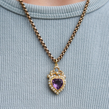 Vintage Amethyst and Pearl Heart Gold on Silver Charm Pendant