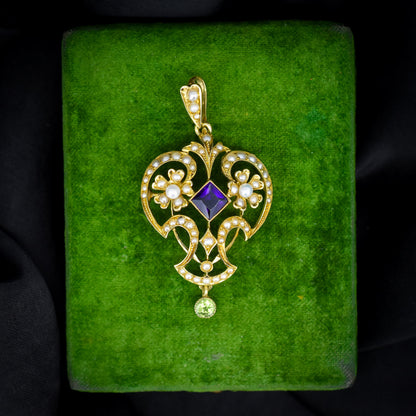 Antique Suffragette Peridot Pearl and Amethyst 15ct Gold Pendant