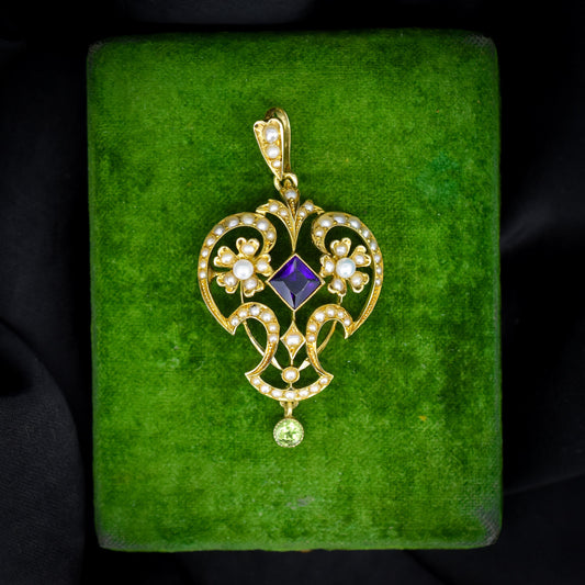 Antique Suffragette Peridot Pearl and Amethyst 15ct Gold Pendant