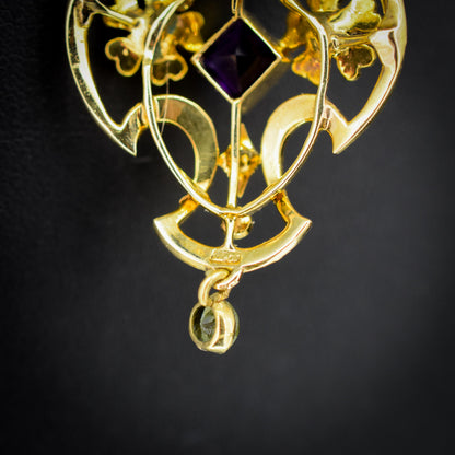 Antique Suffragette Peridot Pearl and Amethyst 15ct Gold Pendant
