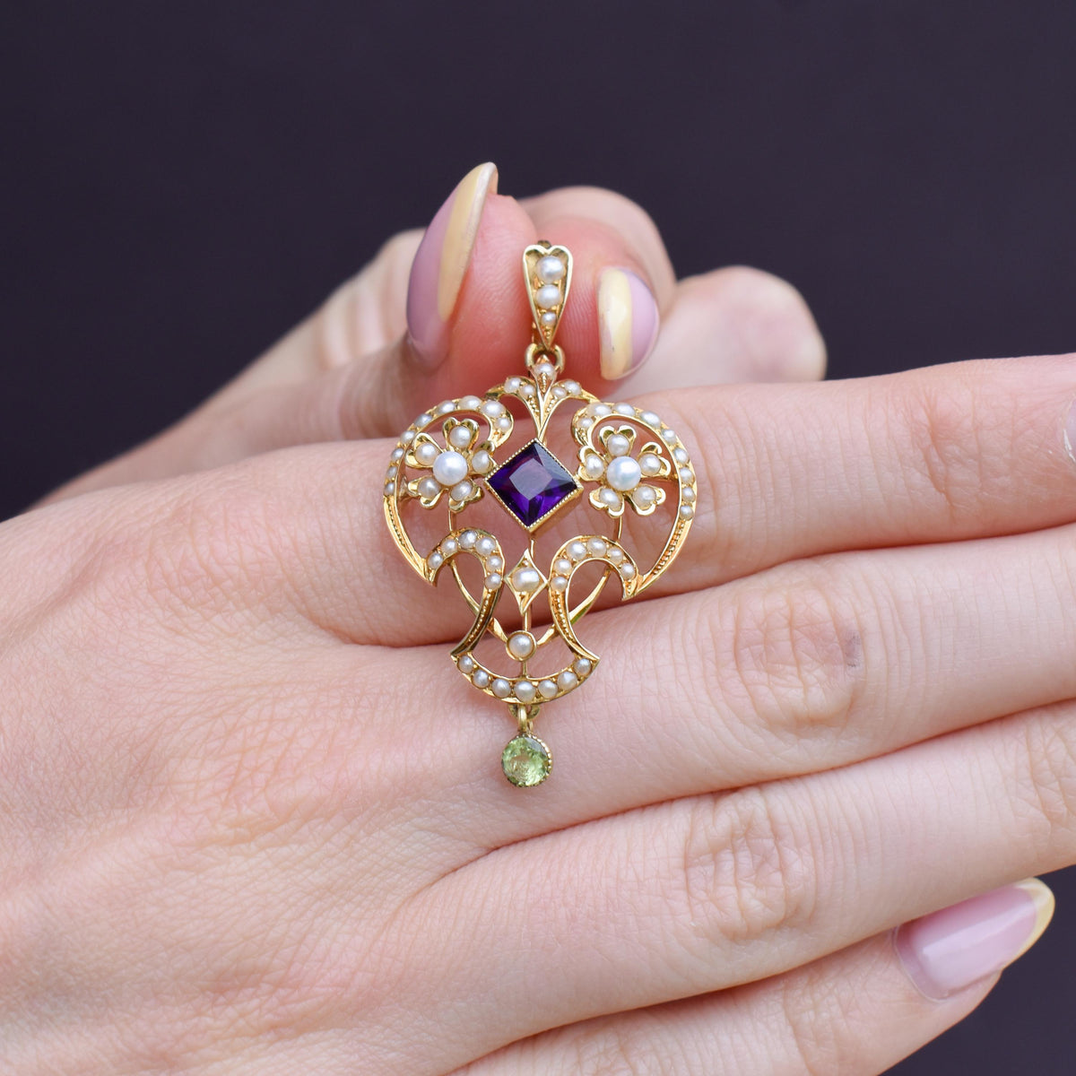 Antique Suffragette Peridot Pearl and Amethyst 15ct Gold Pendant