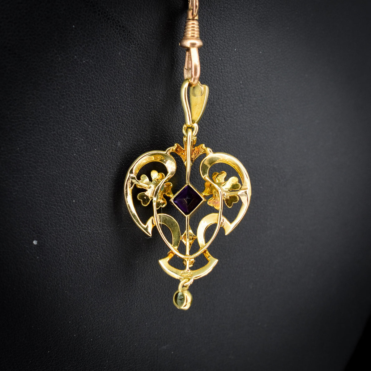 Antique Suffragette Peridot Pearl and Amethyst 15ct Gold Pendant