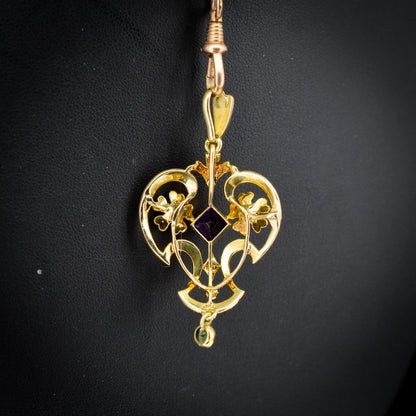 Antique Suffragette Peridot Pearl and Amethyst 15ct Gold Pendant