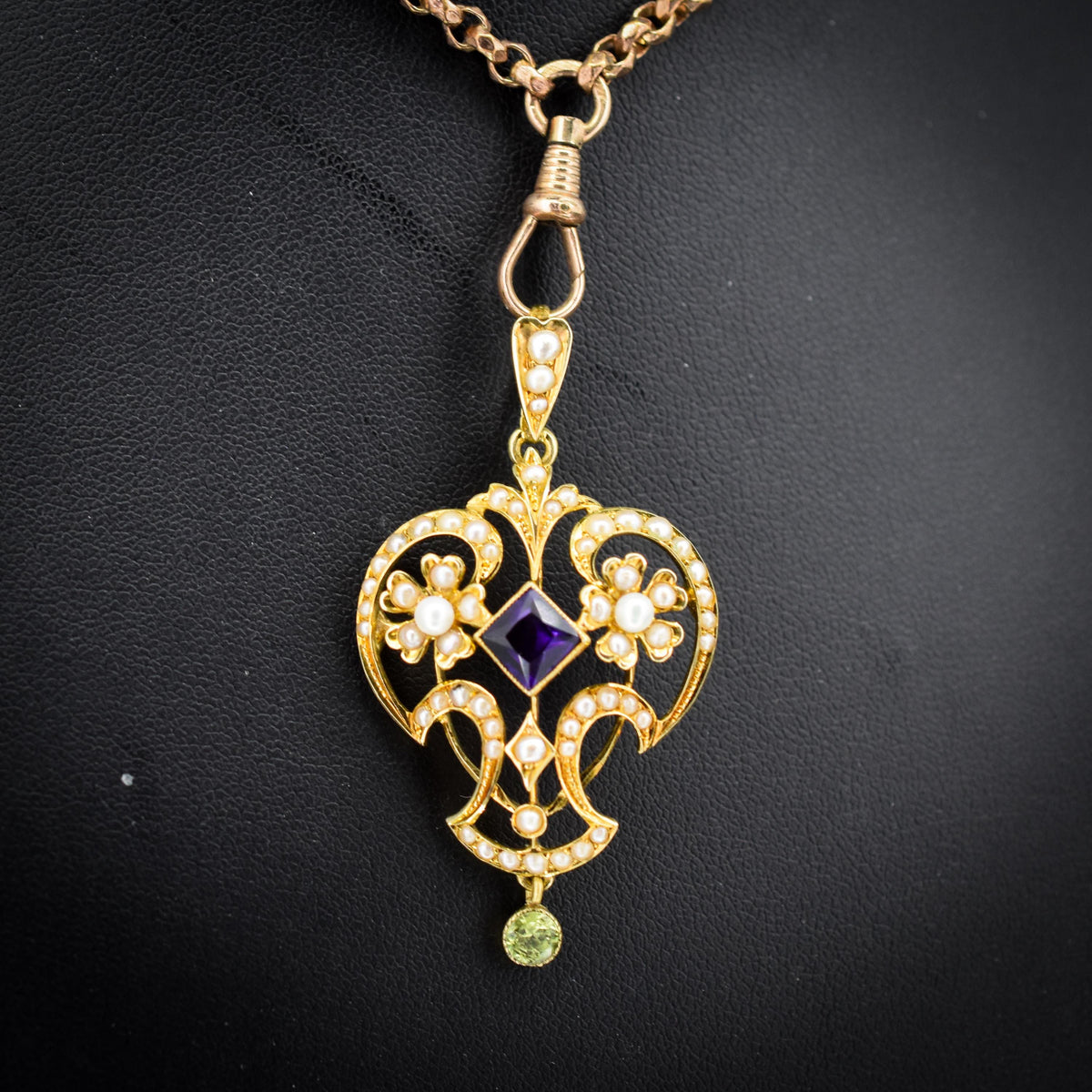 Antique Suffragette Peridot Pearl and Amethyst 15ct Gold Pendant