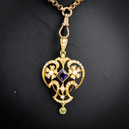 Antique Suffragette Peridot Pearl and Amethyst 15ct Gold Pendant
