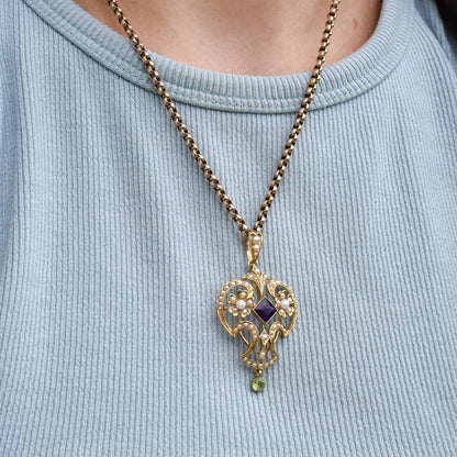 Antique Suffragette Peridot Pearl and Amethyst 15ct Gold Pendant