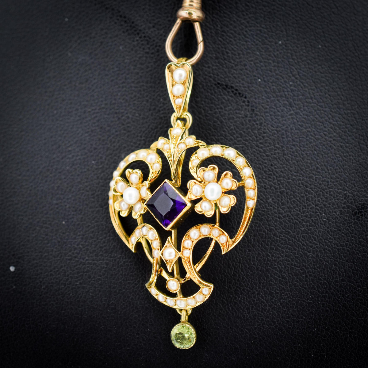 Antique Suffragette Peridot Pearl and Amethyst 15ct Gold Pendant