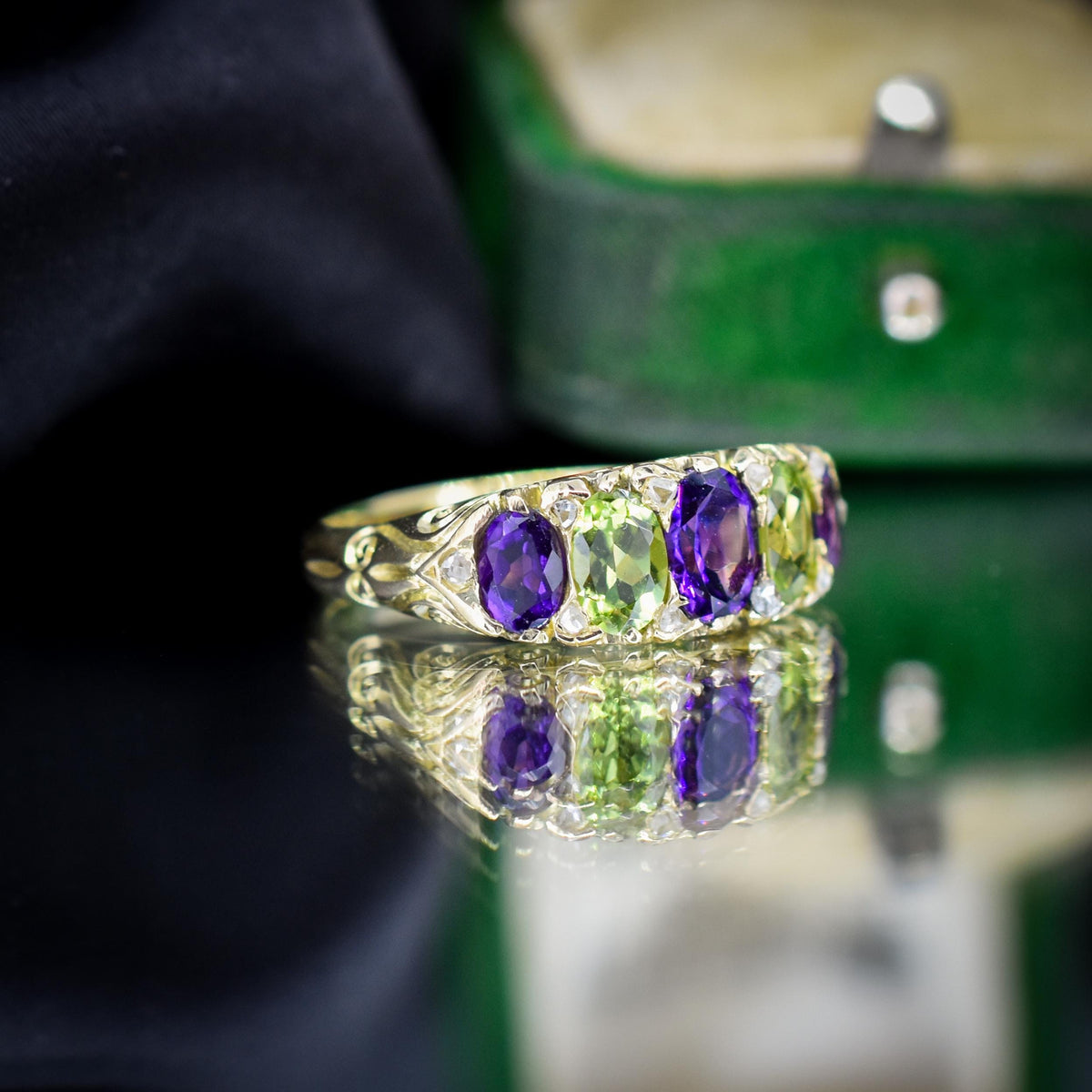 Antique Amethyst Peridot and Diamond Five Stone 18ct Gold Ring | Suffragette