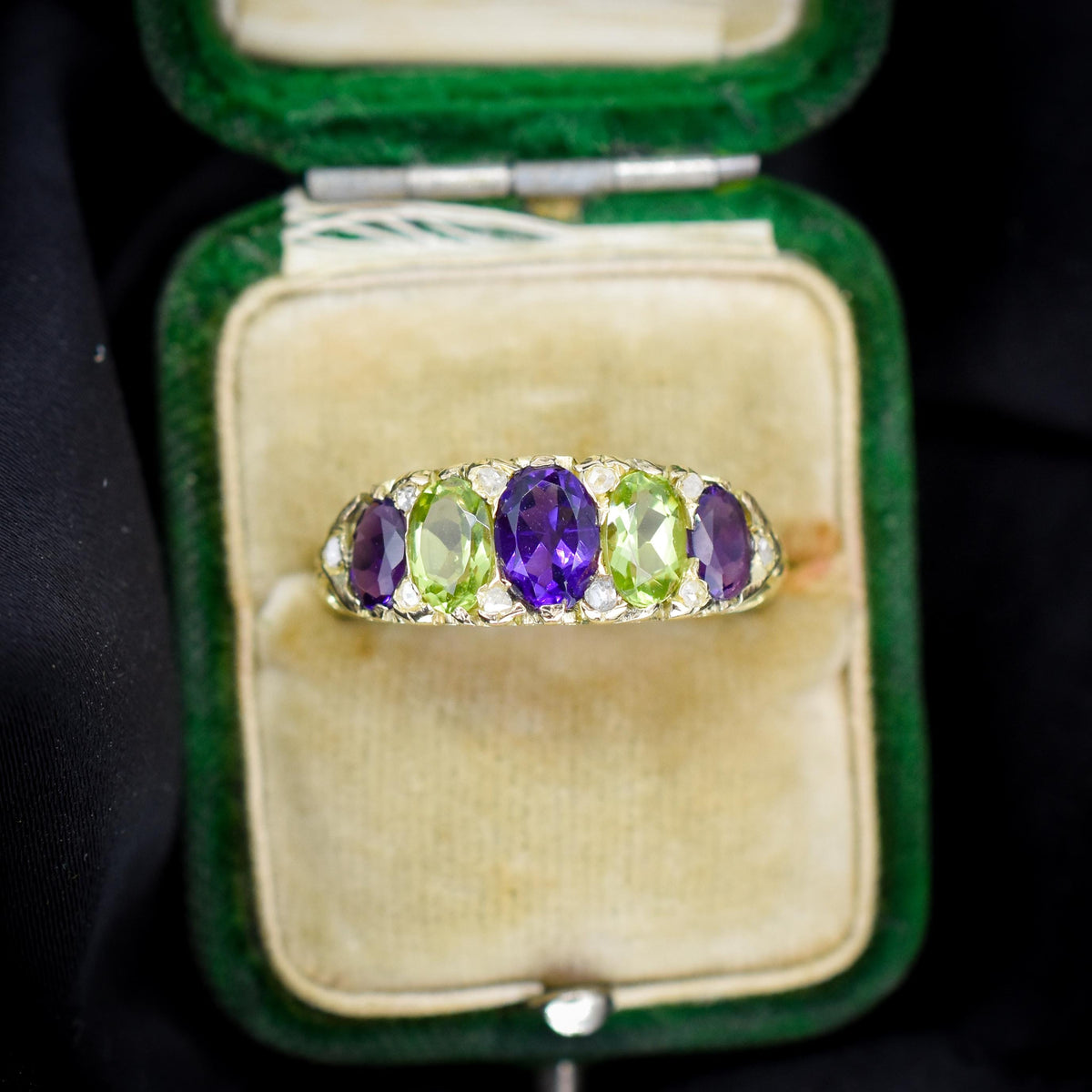 Antique Amethyst Peridot and Diamond Five Stone 18ct Gold Ring | Suffragette