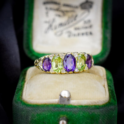 Antique Amethyst Peridot and Diamond Five Stone 18ct Gold Ring | Suffragette