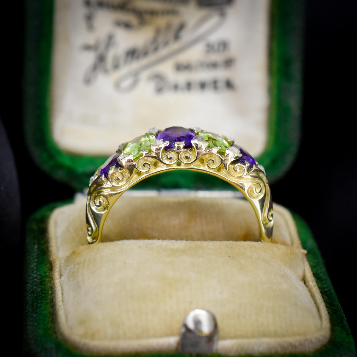 Antique Amethyst Peridot and Diamond Five Stone 18ct Gold Ring | Suffragette