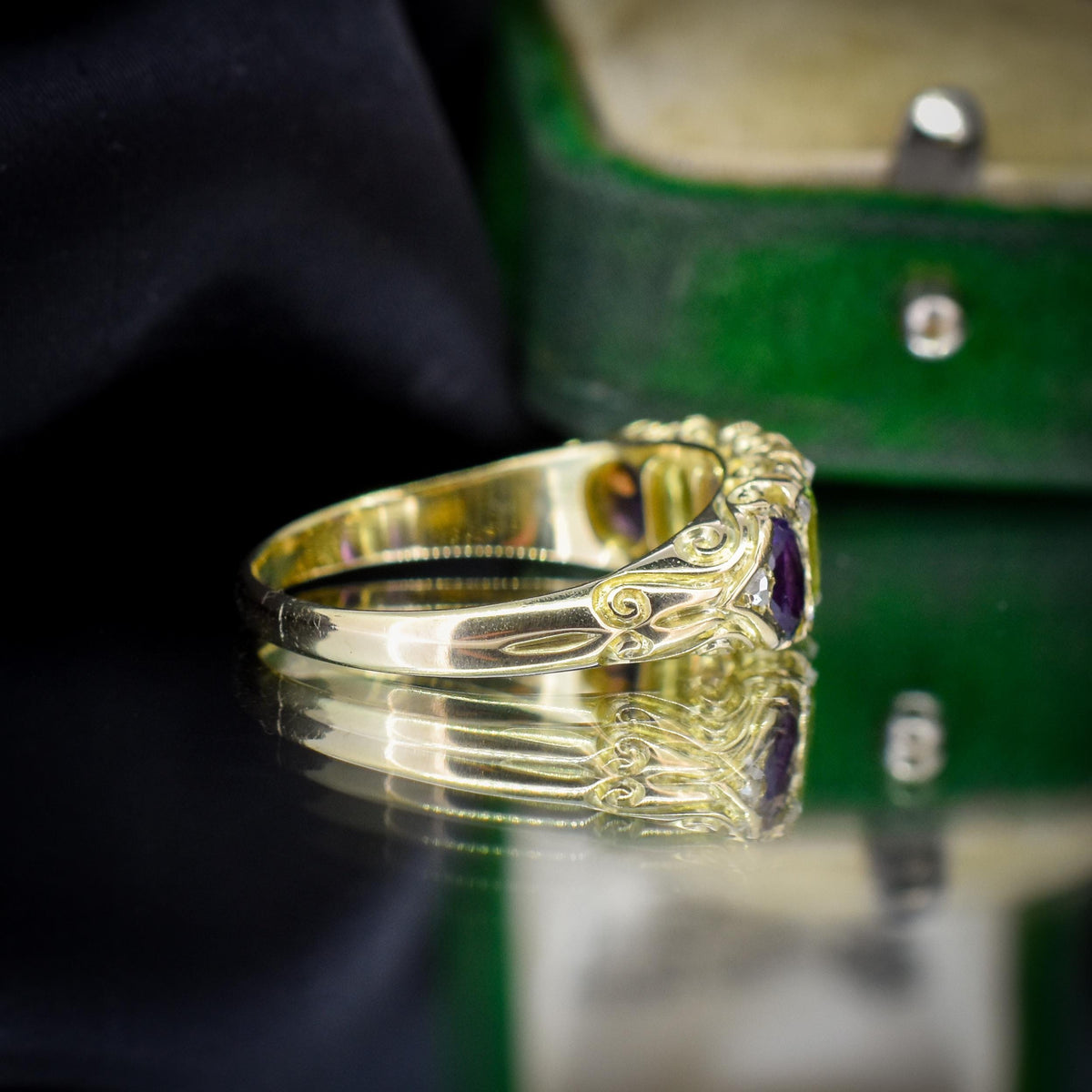 Antique Amethyst Peridot and Diamond Five Stone 18ct Gold Ring | Suffragette