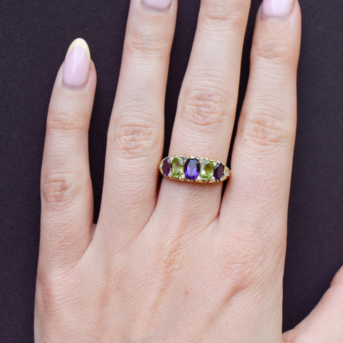 Antique Amethyst Peridot and Diamond Five Stone 18ct Gold Ring | Suffragette