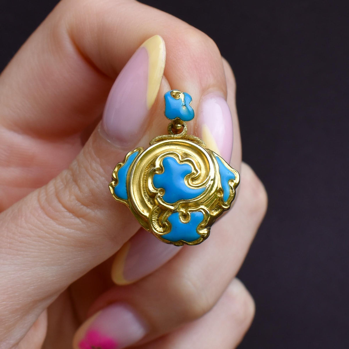 Antique 18ct Gold Turquoise Blue Enamel Mourning Swirl Locket Pendant
