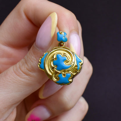 Antique 18ct Gold Turquoise Blue Enamel Mourning Swirl Locket Pendant