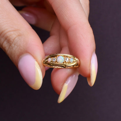 Antique Edwardian Natural Opal and Diamond 18ct Gold Boat Ring | Birmingham 1908
