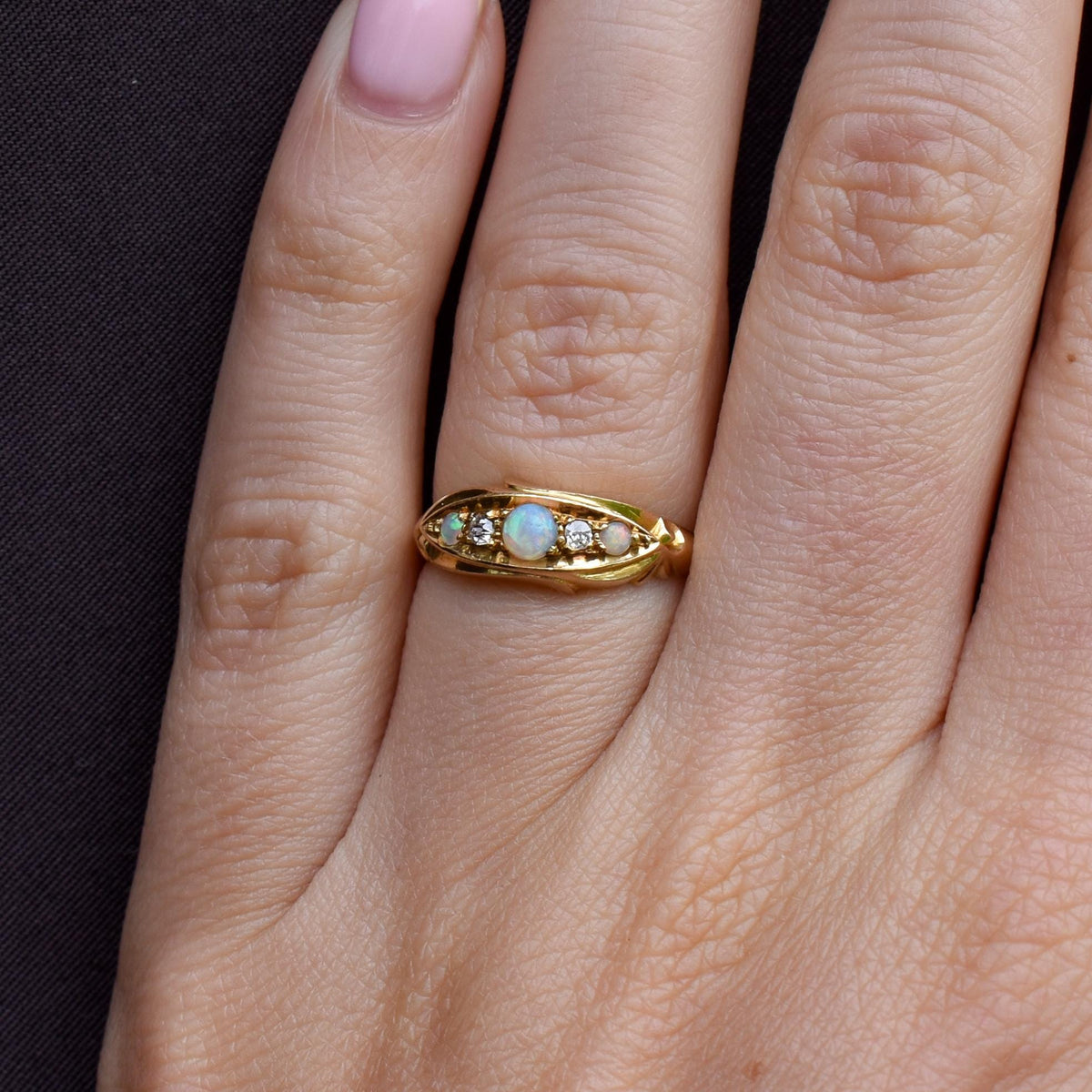 Antique Edwardian Natural Opal and Diamond 18ct Gold Boat Ring | Birmingham 1908