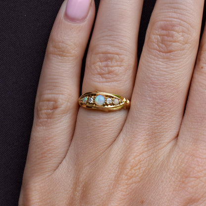 Antique Edwardian Natural Opal and Diamond 18ct Gold Boat Ring | Birmingham 1908