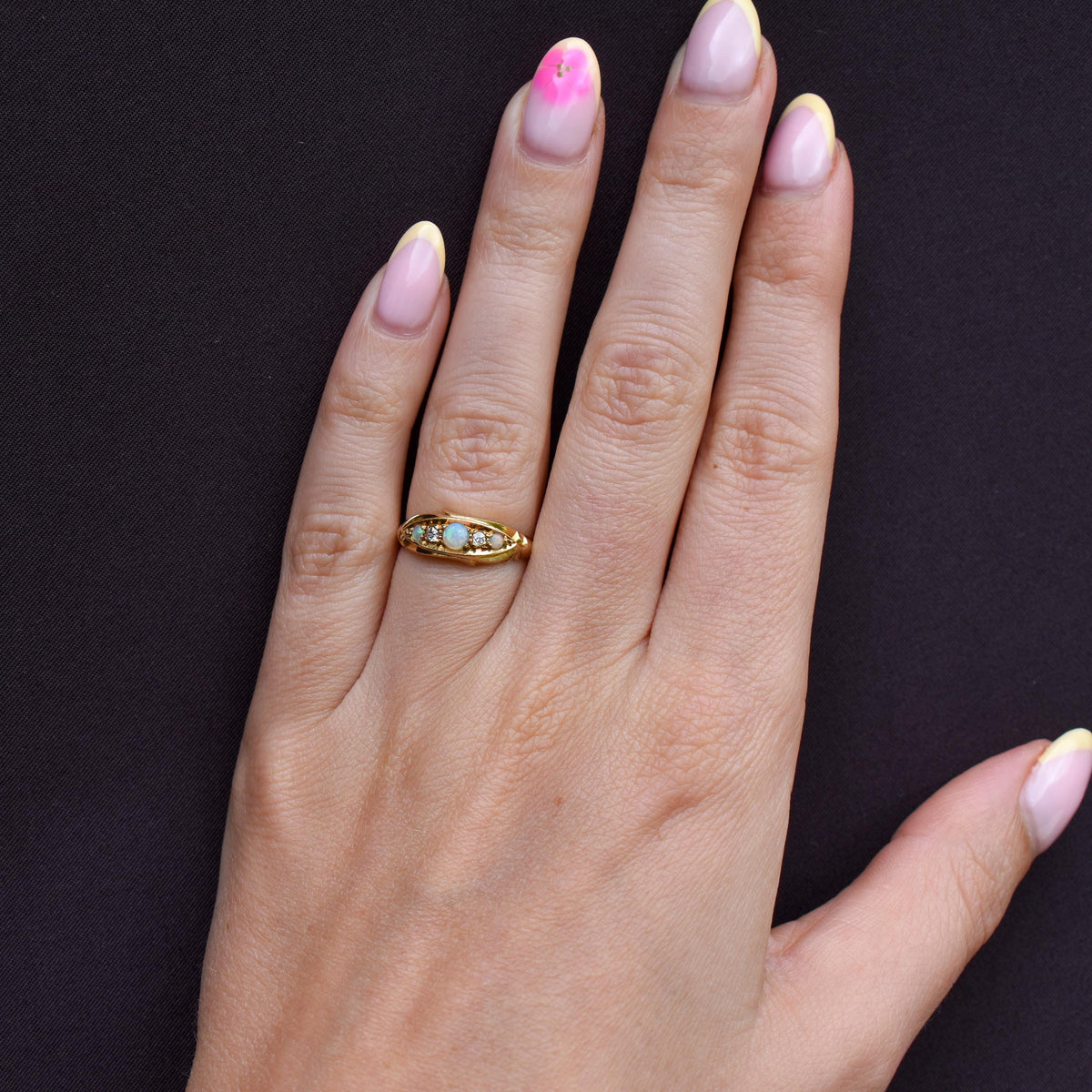 Antique Edwardian Natural Opal and Diamond 18ct Gold Boat Ring | Birmingham 1908