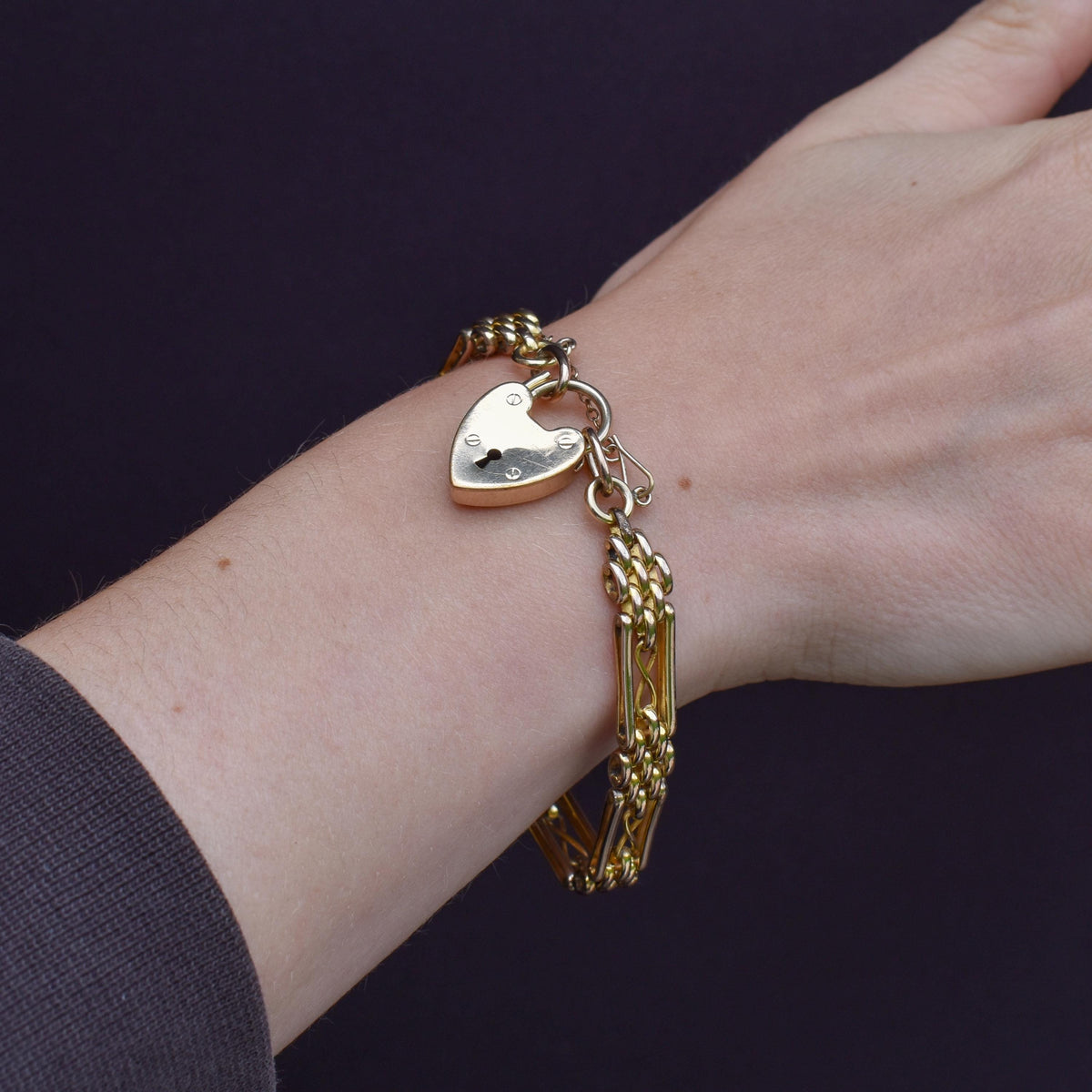 Antique Heart Padlock Fancy Gate Rolled Gold Bracelet