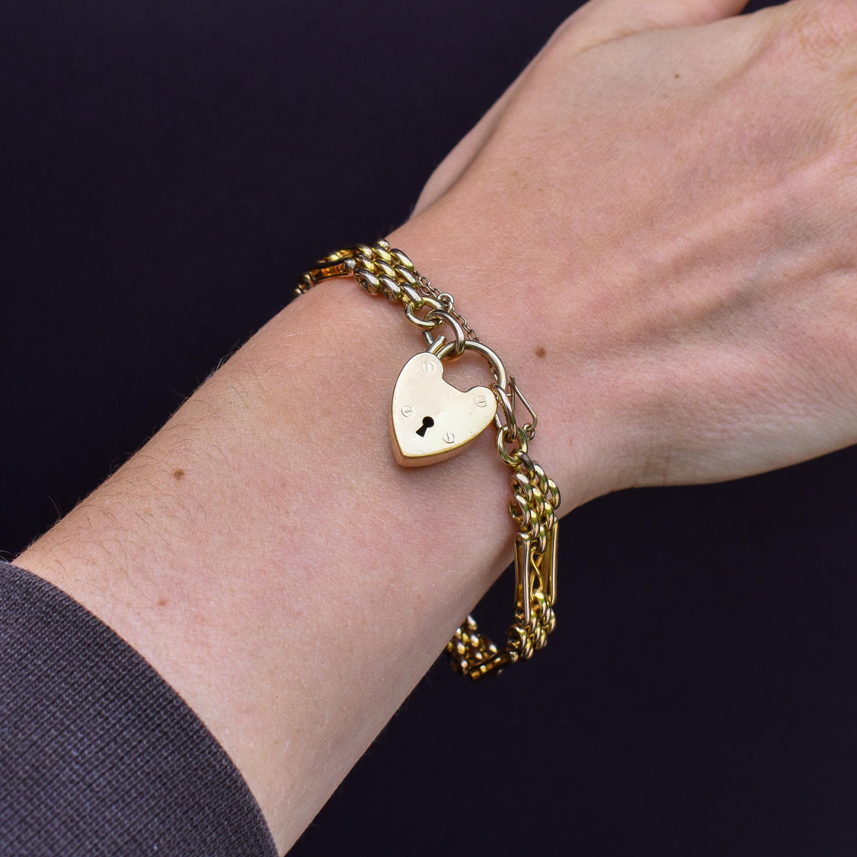 Antique Heart Padlock Fancy Gate Rolled Gold Bracelet
