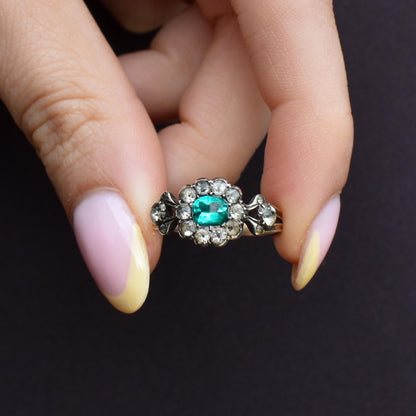 Antique Georgian Green Paste Cluster 9ct Gold and Silver Ring