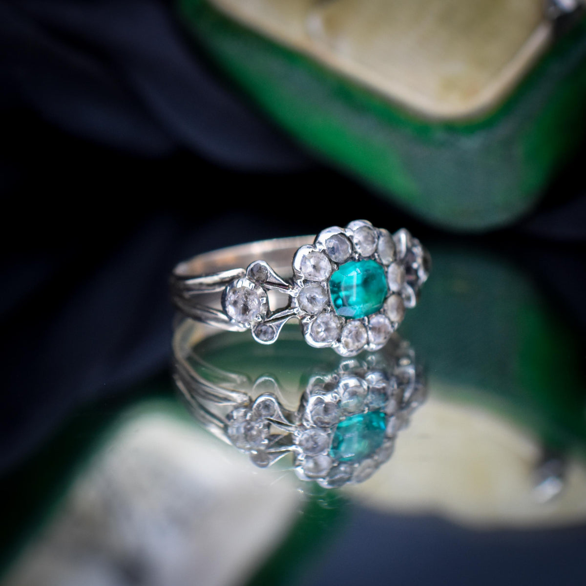 Antique Georgian Green Paste Cluster 9ct Gold and Silver Ring