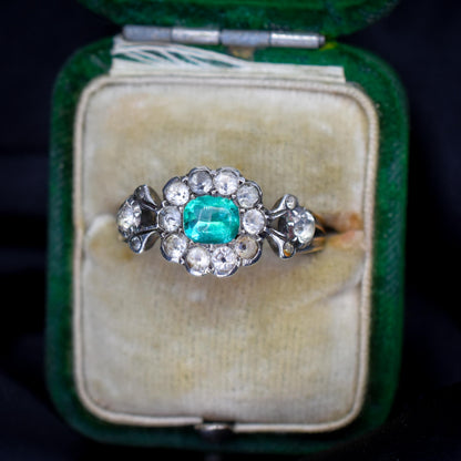 Antique Georgian Green Paste Cluster 9ct Gold and Silver Ring