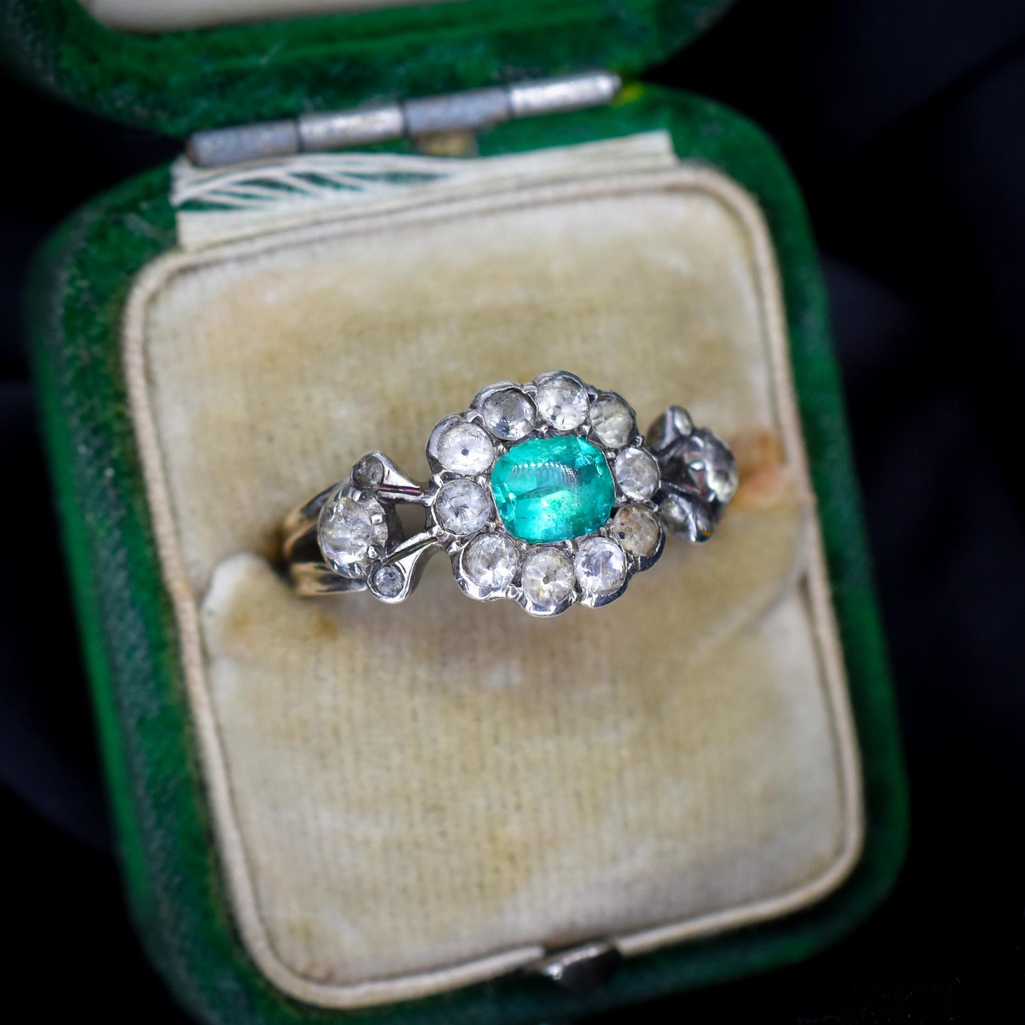 Antique Georgian Green Paste Cluster 9ct Gold and Silver Ring