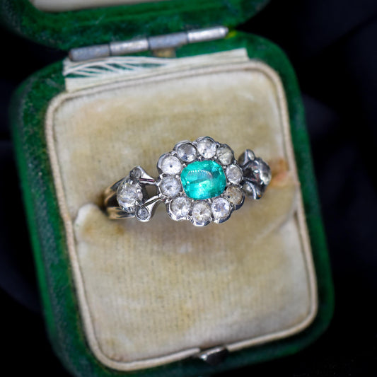 Antique Georgian Green Paste Cluster 9ct Gold and Silver Ring