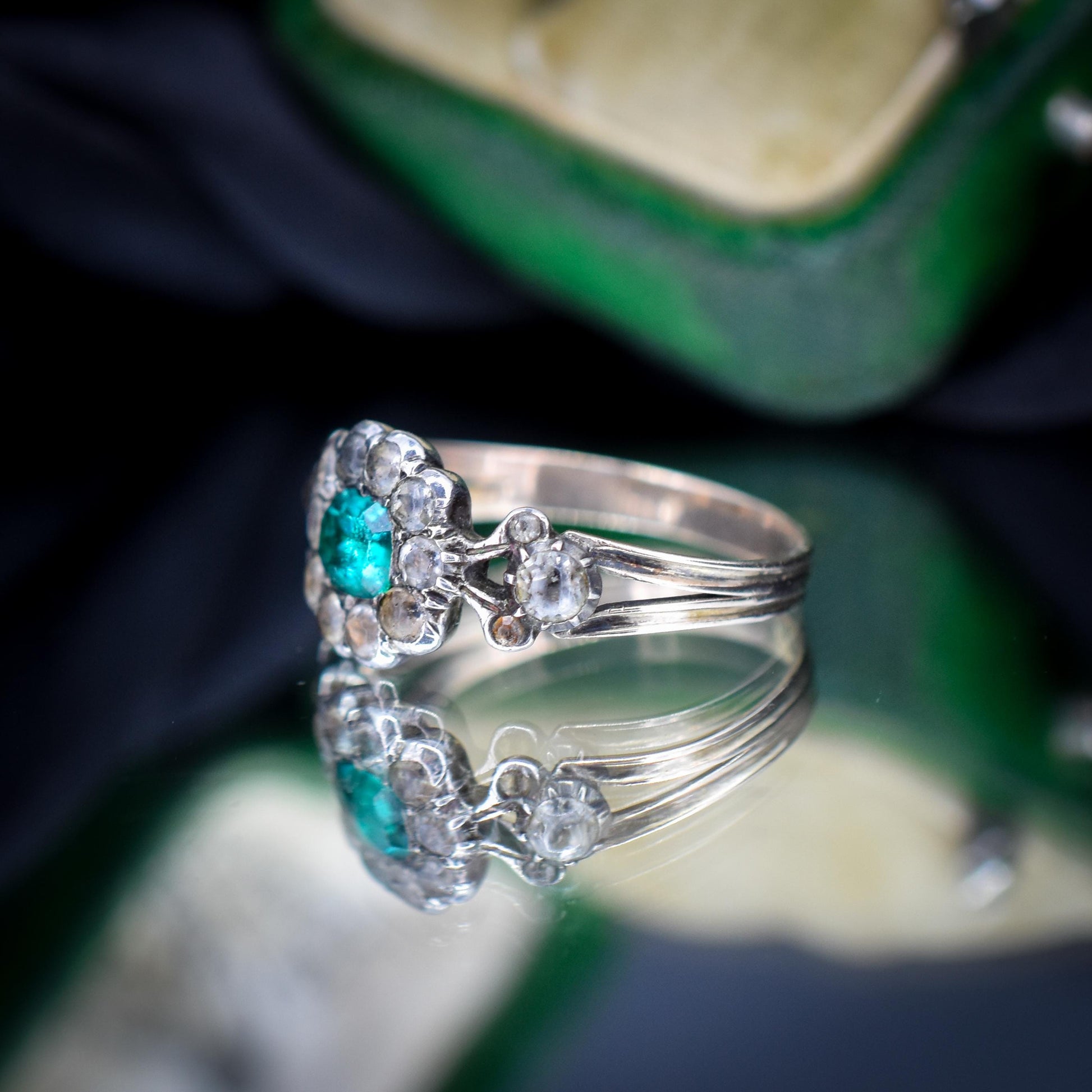 Antique Georgian Green Paste Cluster 9ct Gold and Silver Ring