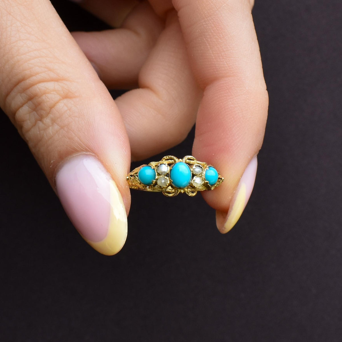 Antique '1865' Turquoise and Pearl Three Stone 15ct Gold Ring