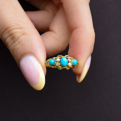 Antique '1865' Turquoise and Pearl Three Stone 15ct Gold Ring