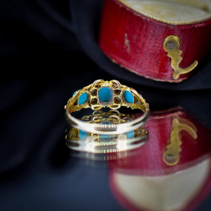 Antique '1865' Turquoise and Pearl Three Stone 15ct Gold Ring