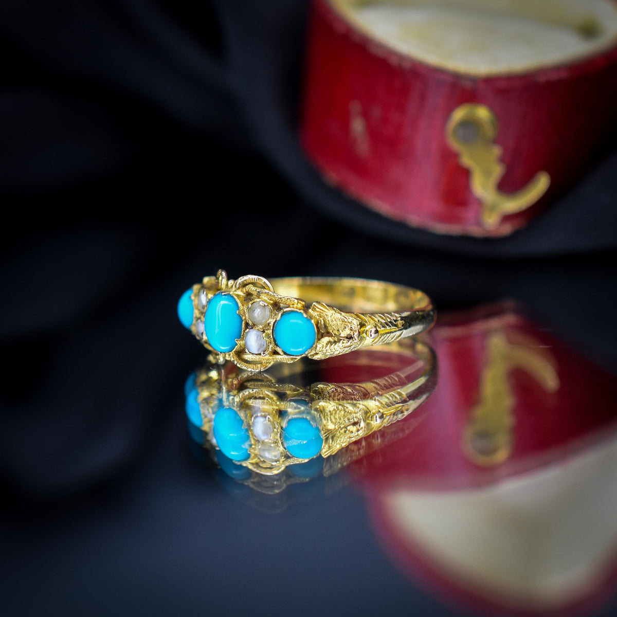Antique '1865' Turquoise and Pearl Three Stone 15ct Gold Ring