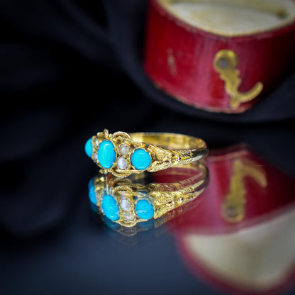 Antique '1865' Turquoise and Pearl Three Stone 15ct Gold Ring