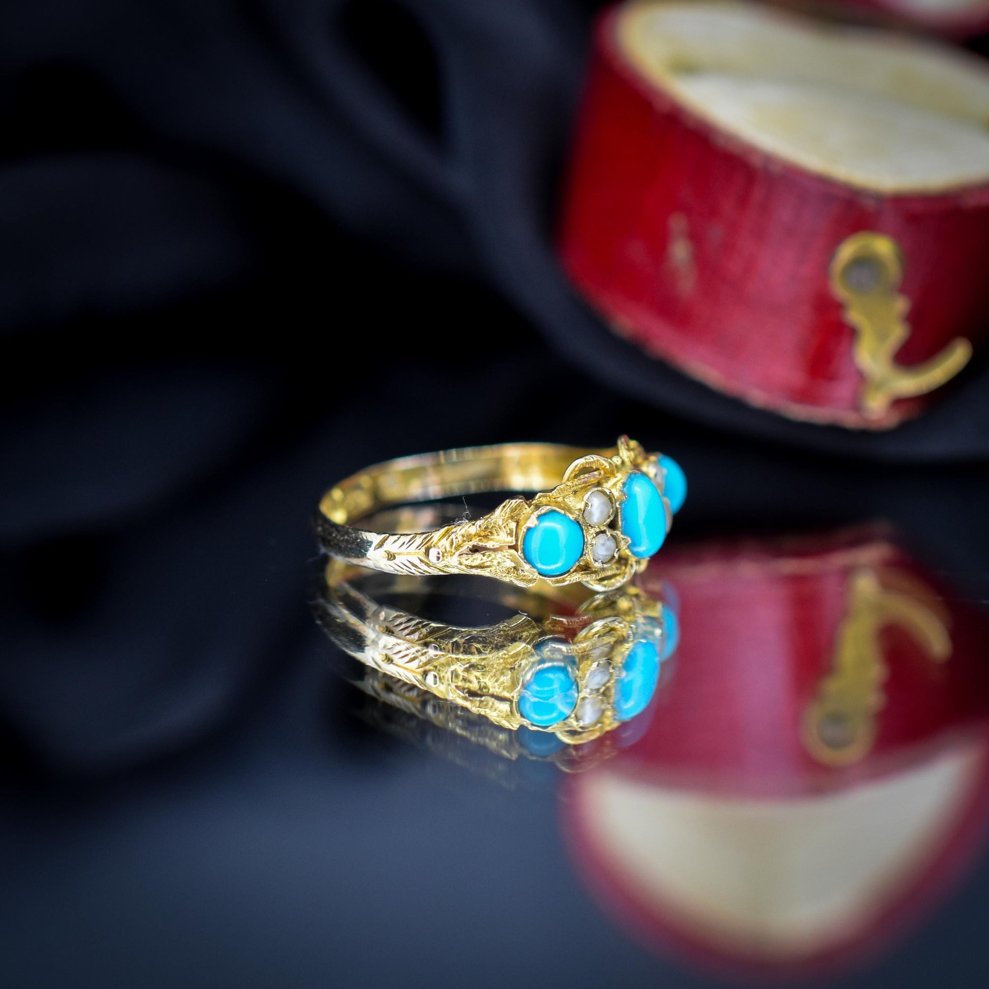 Antique '1865' Turquoise and Pearl Three Stone 15ct Gold Ring