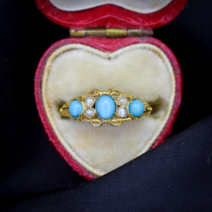 Antique '1865' Turquoise and Pearl Three Stone 15ct Gold Ring