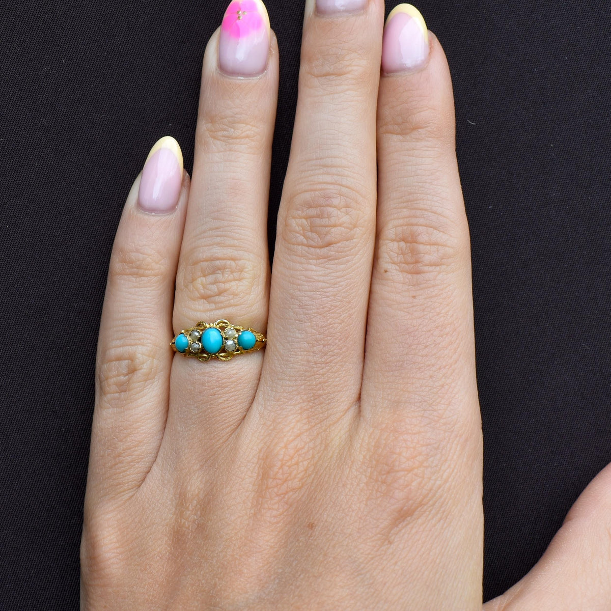 Antique '1865' Turquoise and Pearl Three Stone 15ct Gold Ring