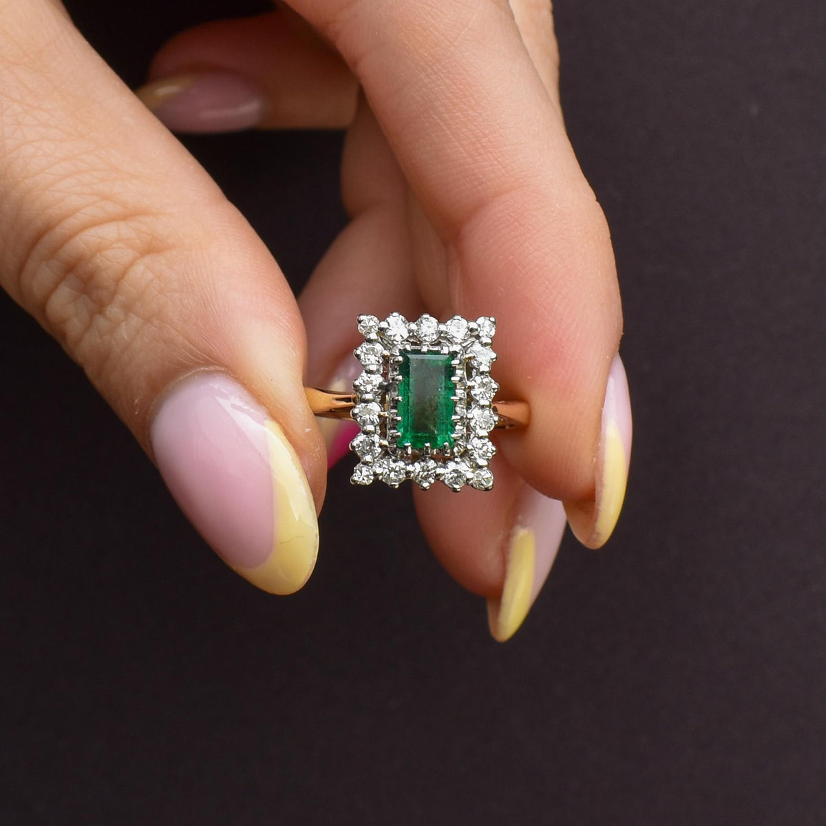 Vintage Natural Emerald and Diamond Halo 18ct Gold Ring