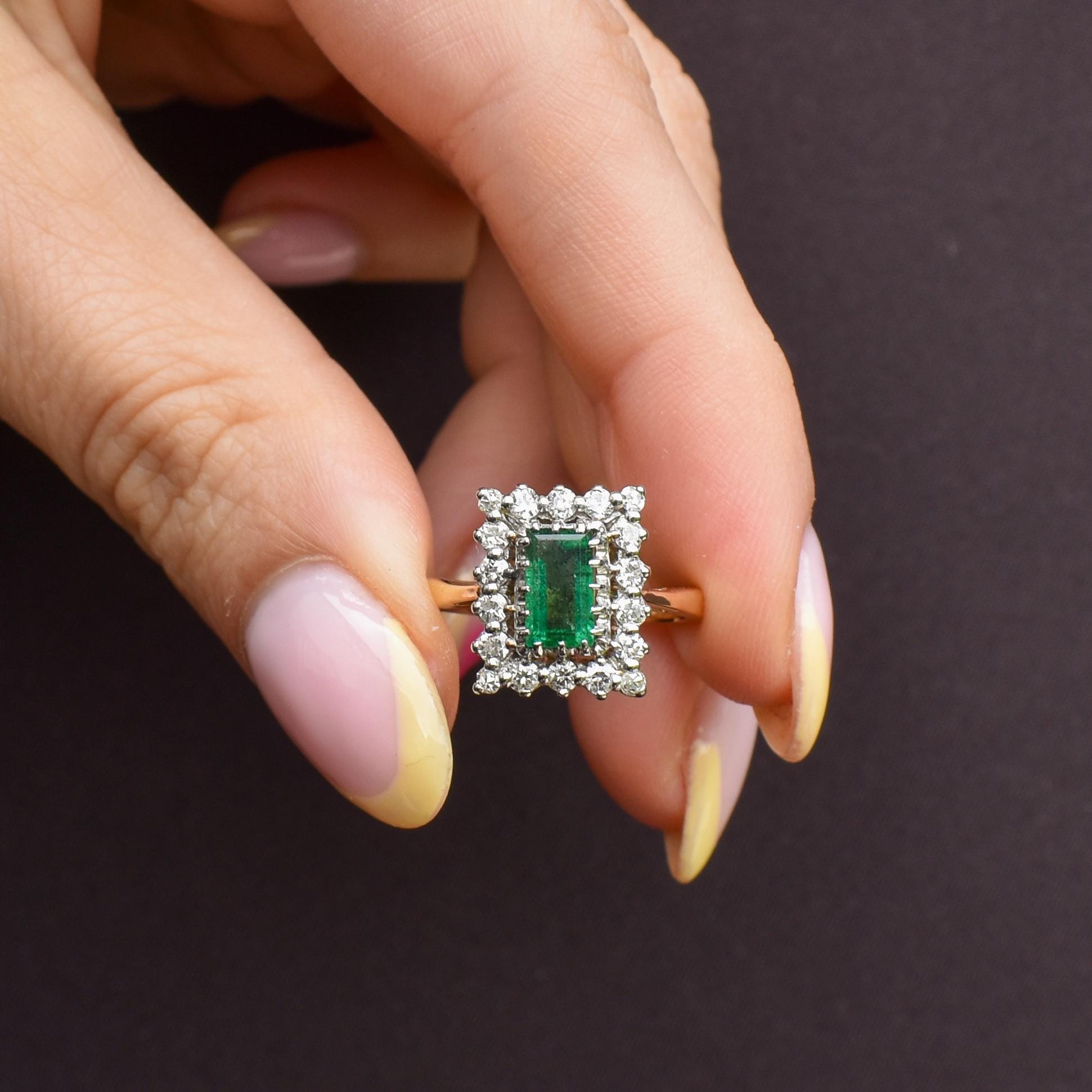 Vintage Natural Emerald and Diamond Halo 18ct Gold Ring