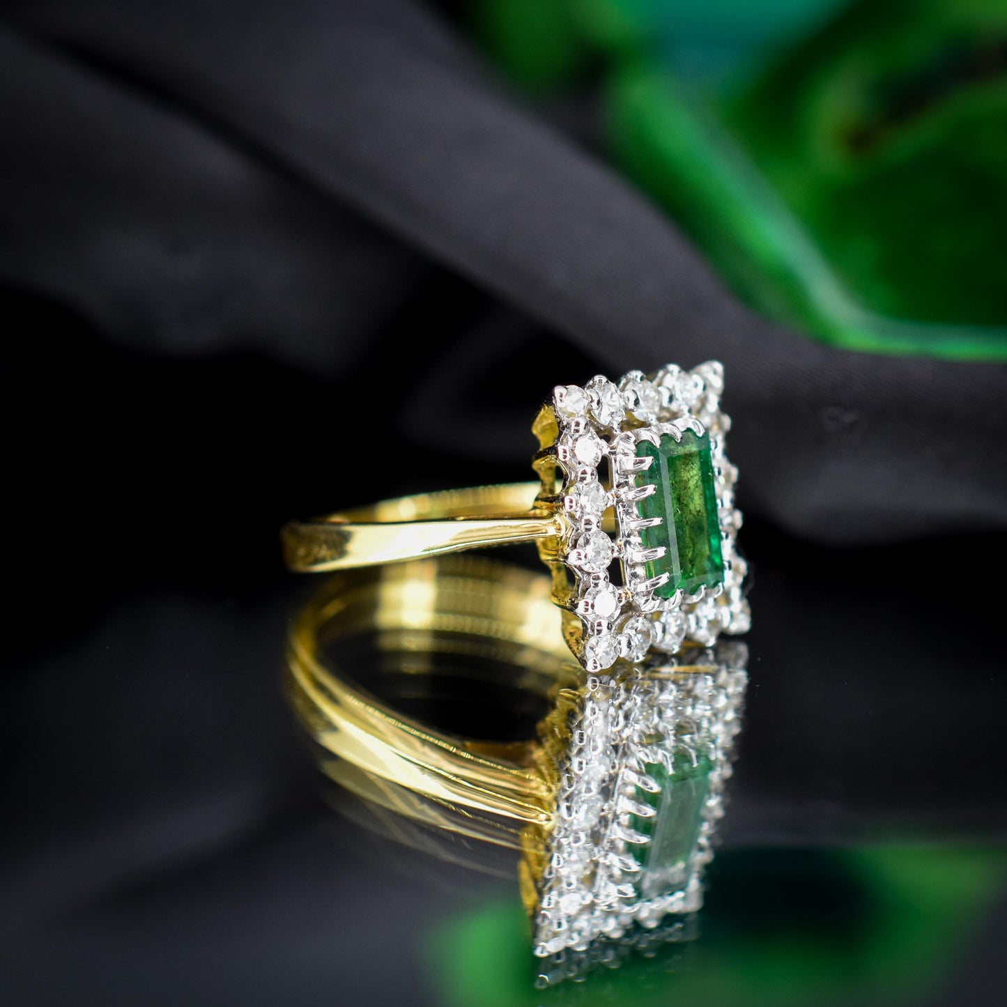 Vintage Natural Emerald and Diamond Halo 18ct Gold Ring