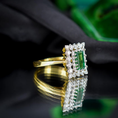 Vintage Natural Emerald and Diamond Halo 18ct Gold Ring