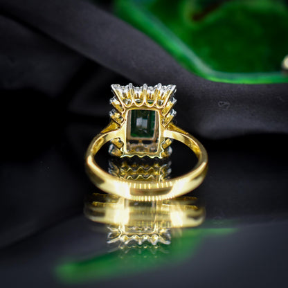 Vintage Natural Emerald and Diamond Halo 18ct Gold Ring